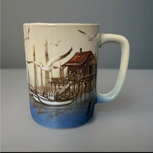 Vtg Ceramic Mug Otagiri Japan Ocean Fish Boats Seagulls Coastal Nautical Mermaid